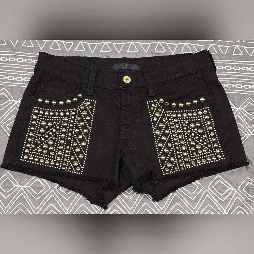 7 For All Mankind Black And Gold Raw Hem Denim Shorts Size 25